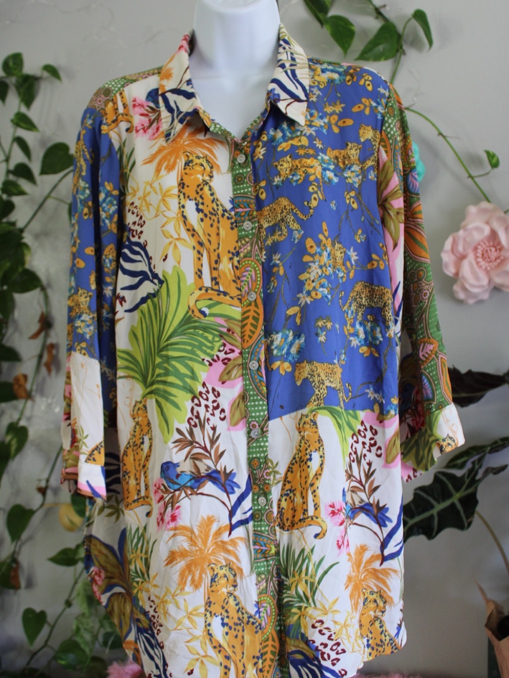 Rose + Olive 1X Patchwork Leopard Tropical Print Oversized Button Down Shirt - Picture 8 of 12
